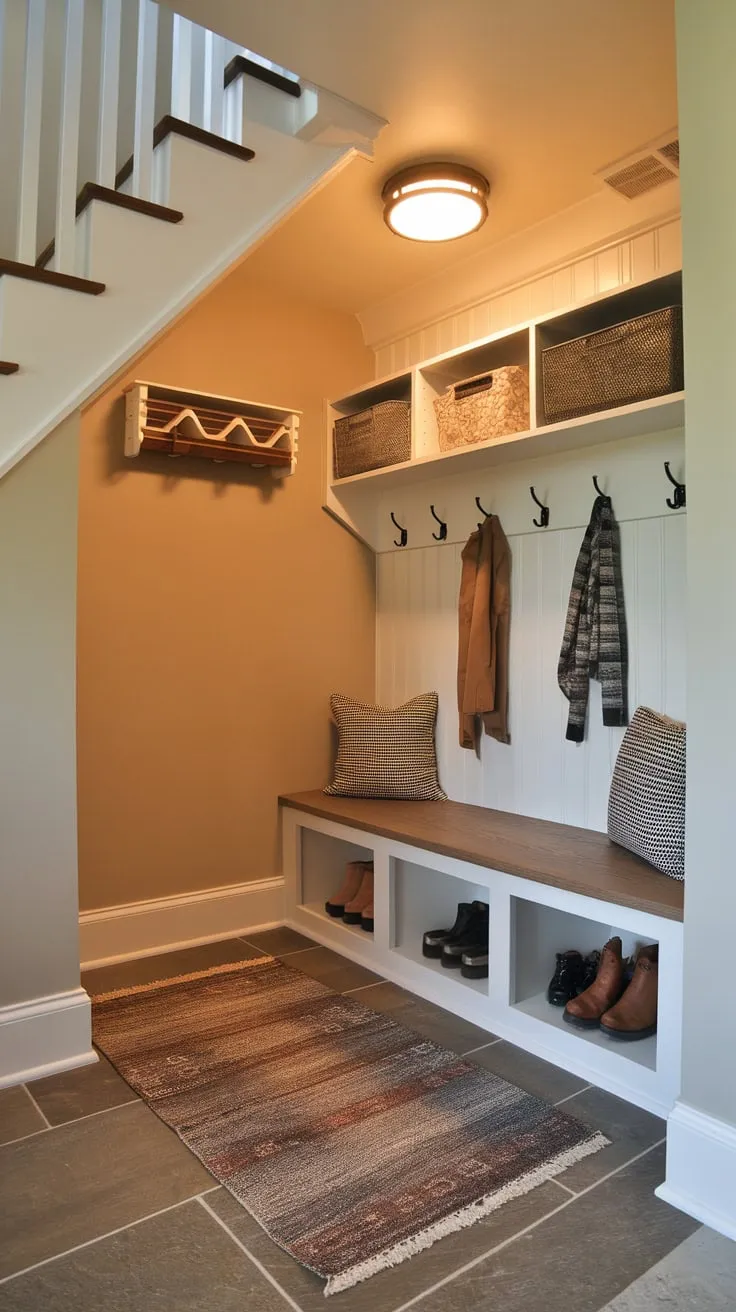 Transform unused under-stair space into a practical and charming mudroom complete with bench seating, shelving, and stylish hooks.