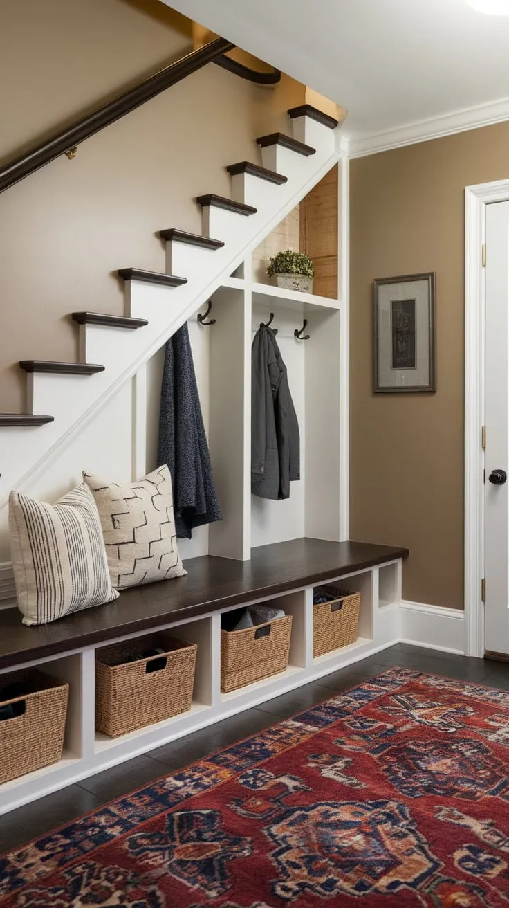 A cozy under-stair mudroom boasts built-in storage, a comfy bench, and a stylish rug, transforming wasted space into a functional and inviting entryway