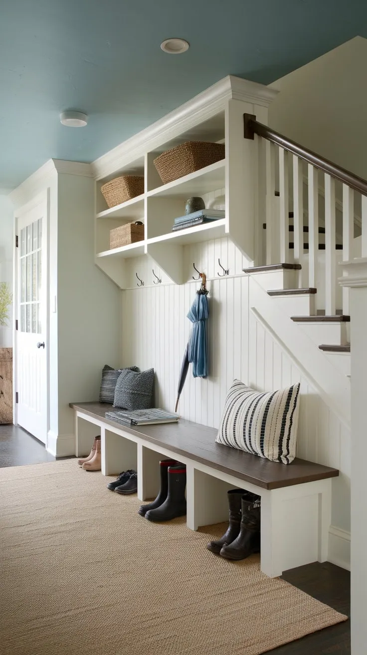 Under-stair space transforms into a functional rustic mudroom featuring a bench, storage shelves, and a cozy beige rug.