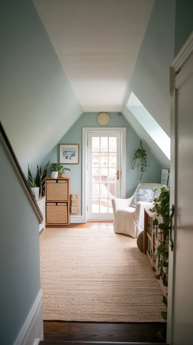 A light-filled, sloped-ceiling mudroom under the stairs offers practical storage and a peaceful retreat.
