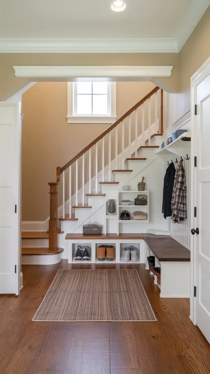 A charming mudroom nestled under the stairs boasts a wooden floor, built-in storage, and a cozy bench perfect for shedding coats and boots