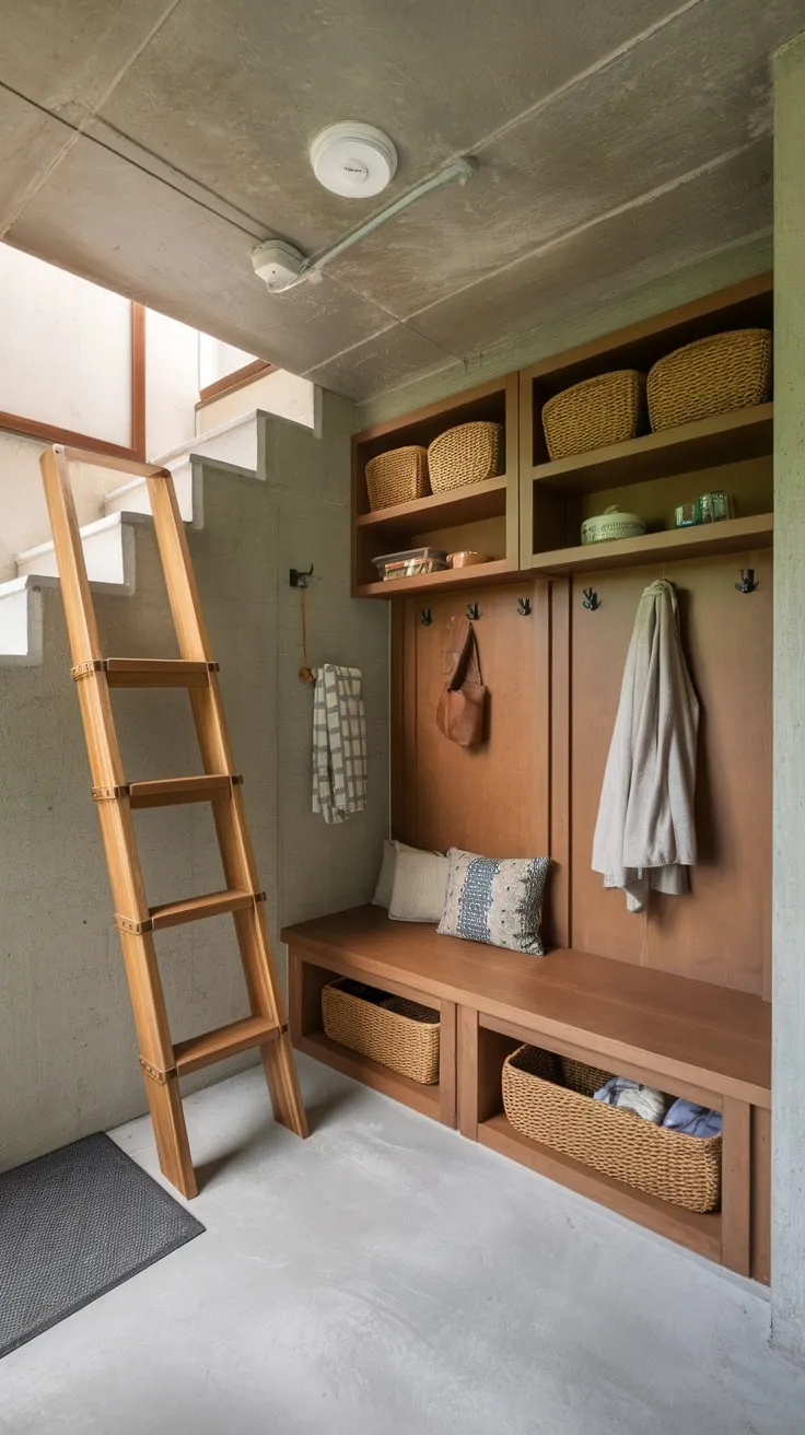 Underneath the stairs, a cozy rustic mudroom with concrete walls and a built-in wooden ladder storage nook offers practical organization.