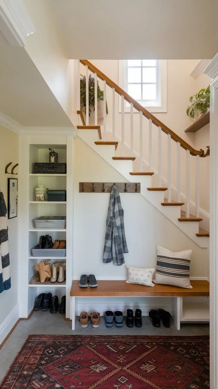 Maximize under-stair space with a bright mudroom featuring a built-in bench, storage, and charming personal touches.