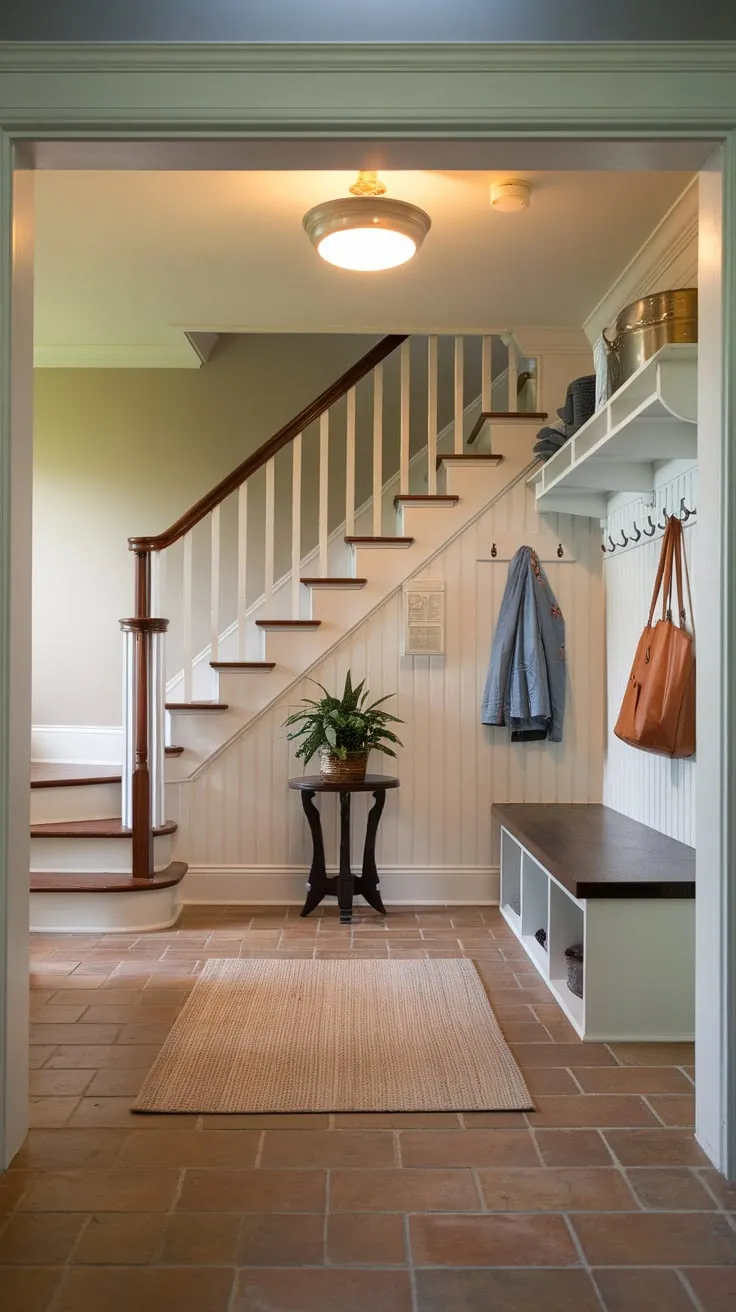 Transform unused space under stairs into a bright and functional mudroom featuring a tiled floor, storage solutions, and a welcoming atmosphere.