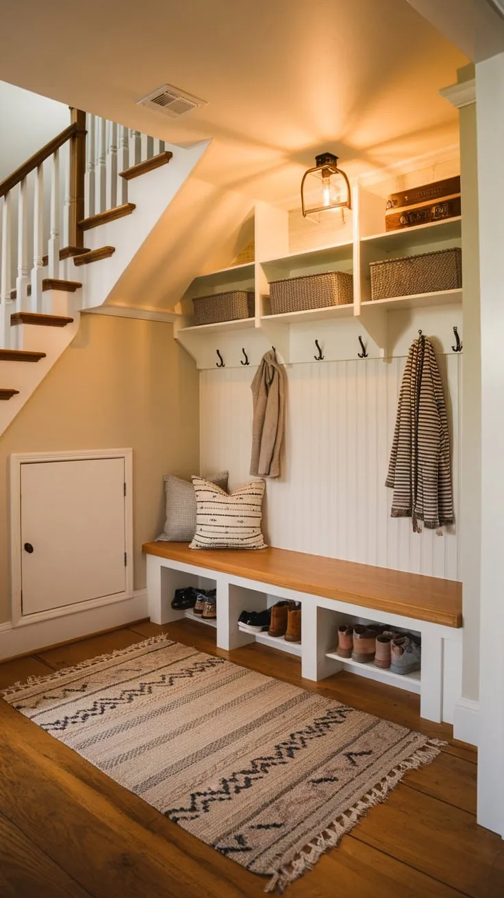 Cozy under-stair mudroom boasts ample storage, a comfy bench, and warm lighting for a welcoming entryway