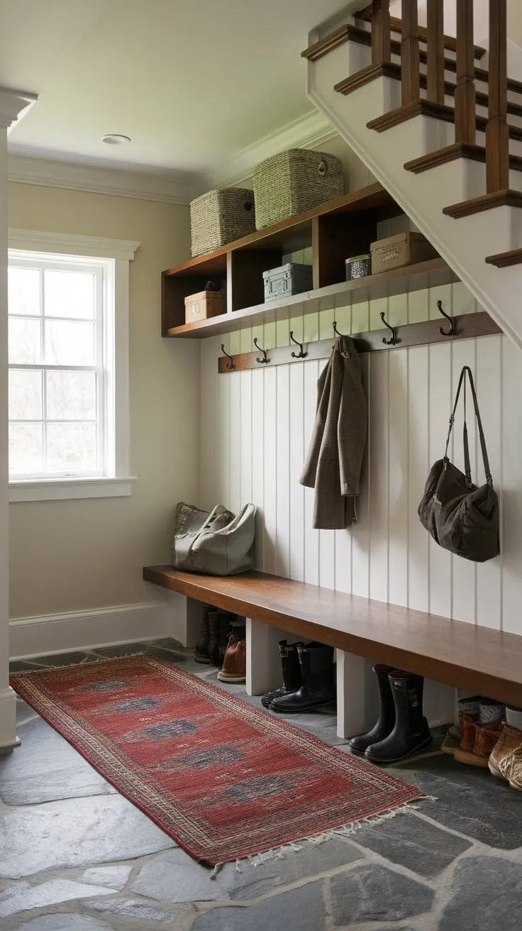 A charming rustic under-stair mudroom offers efficient storage with stone floors, wooden shelves, and hooks, maximizing space under the staircase.