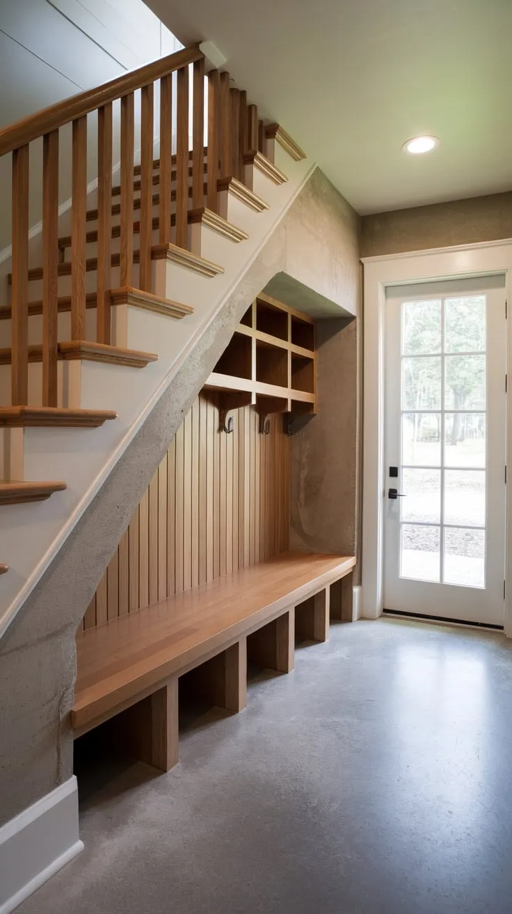 Under-stair storage transforms into a practical mudroom with a built-in bench, shelves, and exterior door.