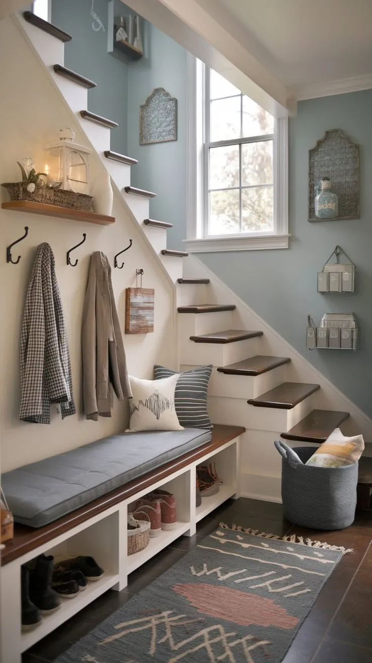 A cozy under-stair mudroom boasts a cushioned bench, coat hooks, shoe basket, and soft lighting creating a welcoming entryway