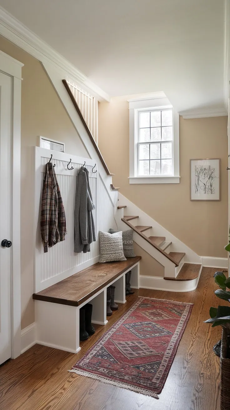 Maximizing space with this charming under stairs mudroom.  The under stairs nook is perfectly utilized for coats, shoes, and a cozy bench seat, transforming wasted space into a functional and stylish under stair storage solution.  Interior design under stairs doesn't get much better than this.