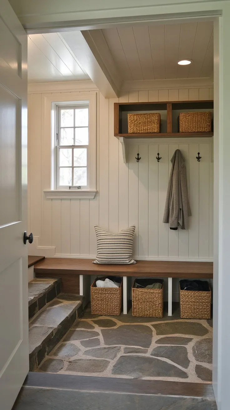Maximize your space with this cleverly designed mudroom under stairs.  The under stairs storage, complete with bench seating and built-in bins, transforms this under stairs nook into a functional and stylish stair nook.  Interior design under stairs doesn't get much better than this room under stairs.