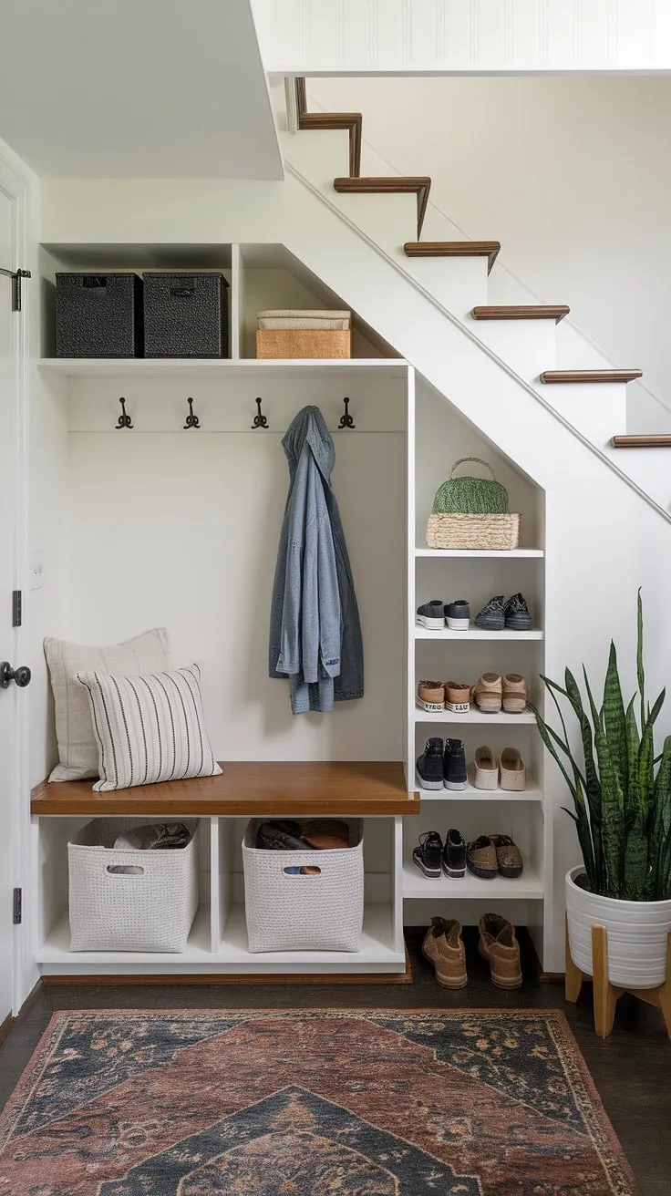 This under stair storage solution is pure genius!  A well-designed mudroom under stairs utilizes every inch of this under stairs space.  The charming under stairs nook boasts ample storage, a comfy bench, and even room for a plant, proving that even the smallest under stair area can be transformed into a beautiful and practical addition to your home.