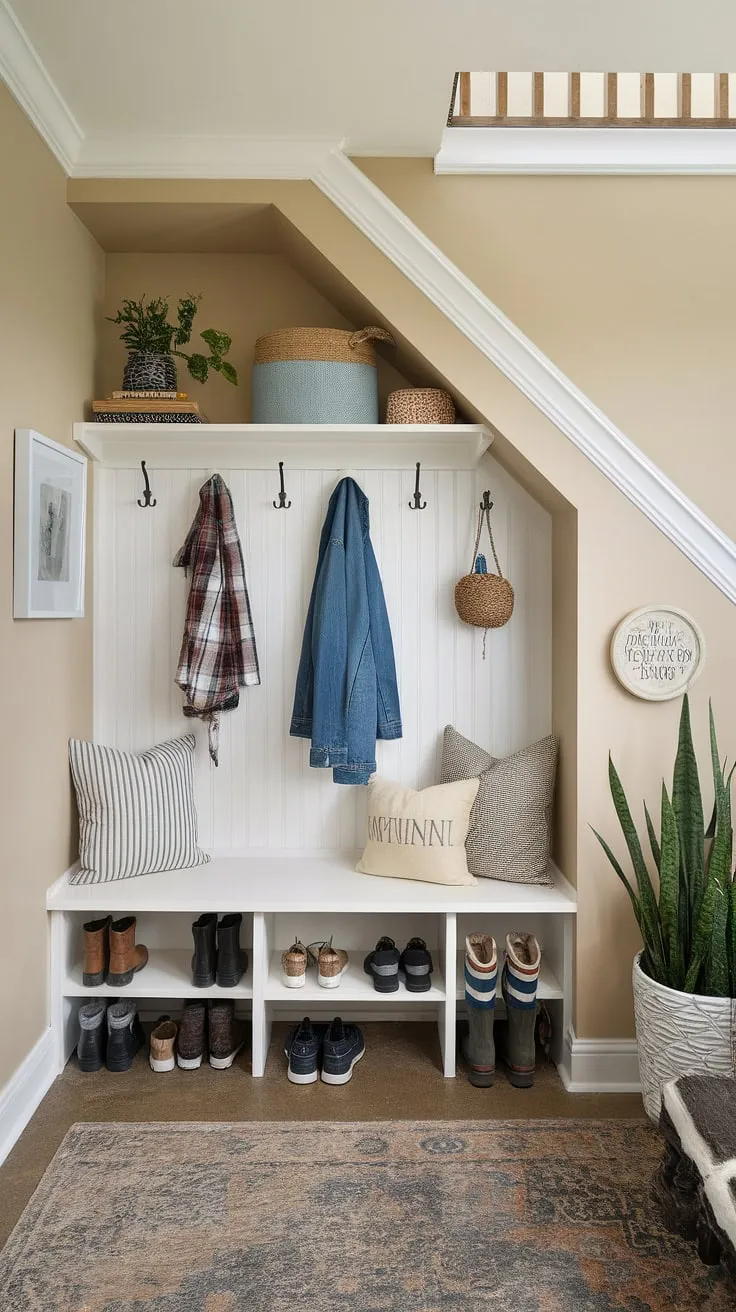 This under stairs nook is the perfect mudroom under stairs, maximizing under stairs storage with clever interior design under stairs.  The stair nook is bright, functional, and surprisingly spacious, proving that even a room under stairs can be stylish and organized.