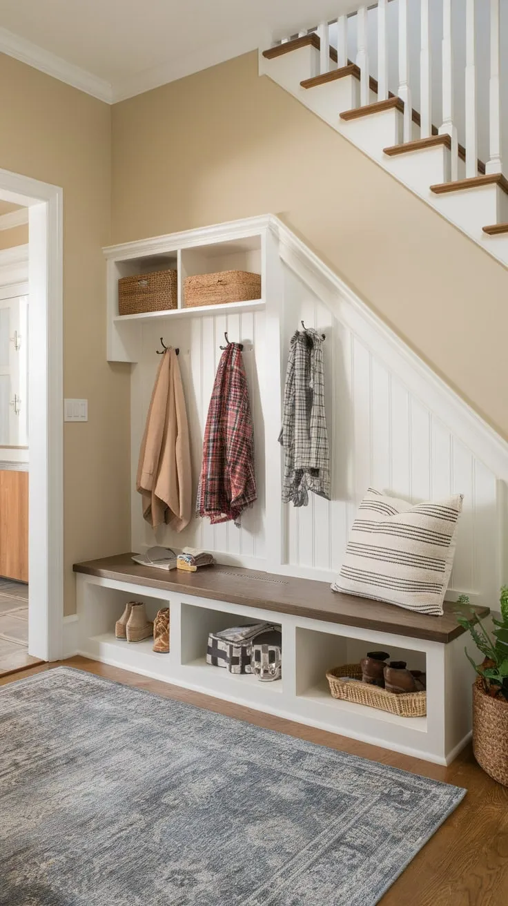 Under-stair storage transforms into a practical mudroom complete with bench seating, coat hooks, and shelving for a clutter-free entryway.