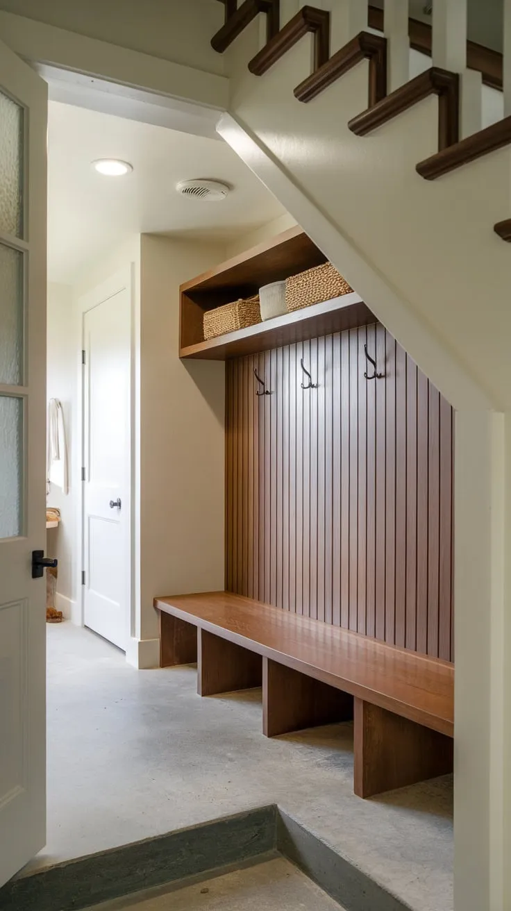 Maximize under-stair space with a functional mudroom featuring a bench, shelf, and hook, all bathed in bright light.