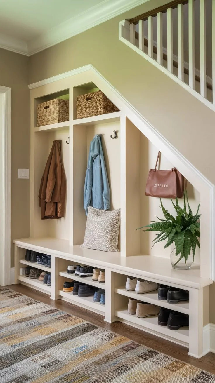Under-stair storage cleverly combines coat and shoe organization with a peaceful reading nook, creating a stylish and efficient mudroom.