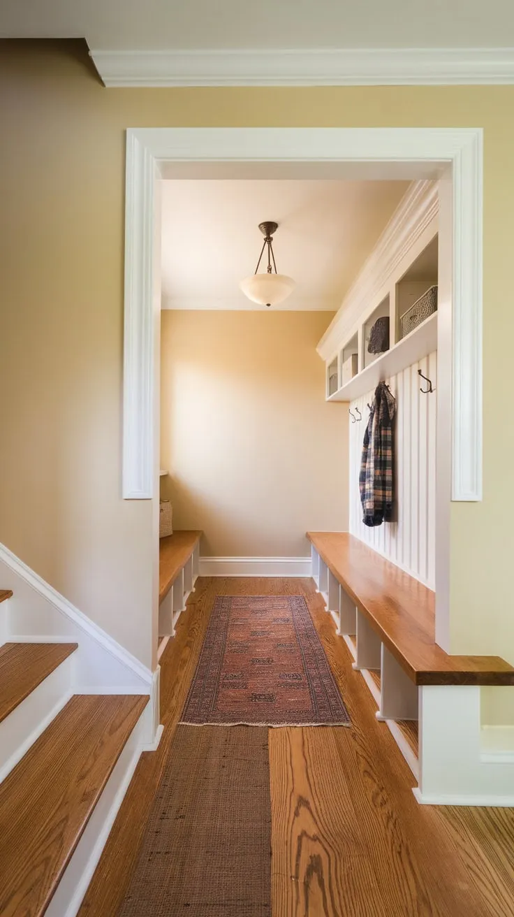 A cozy beige mudroom nestled under the stairs boasts a wooden bench, shelves, and a soft rug, creating a functional and inviting space.