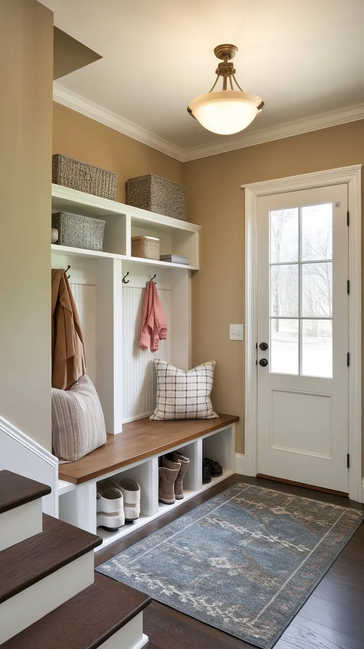 A cozy and organized mudroom cleverly utilizes under-stair space for storage, seating, and easy outdoor access.