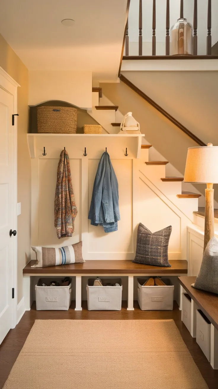 Underneath the stairs a warm inviting mudroom offers practical storage and a comfy bench bathed in soft light