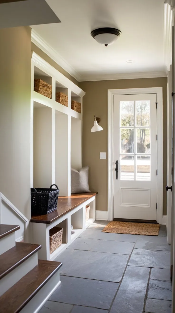 Transform unused under-stair space into a stylish mudroom with built-in bench storage, grey stone floors, and a welcoming beige aesthetic