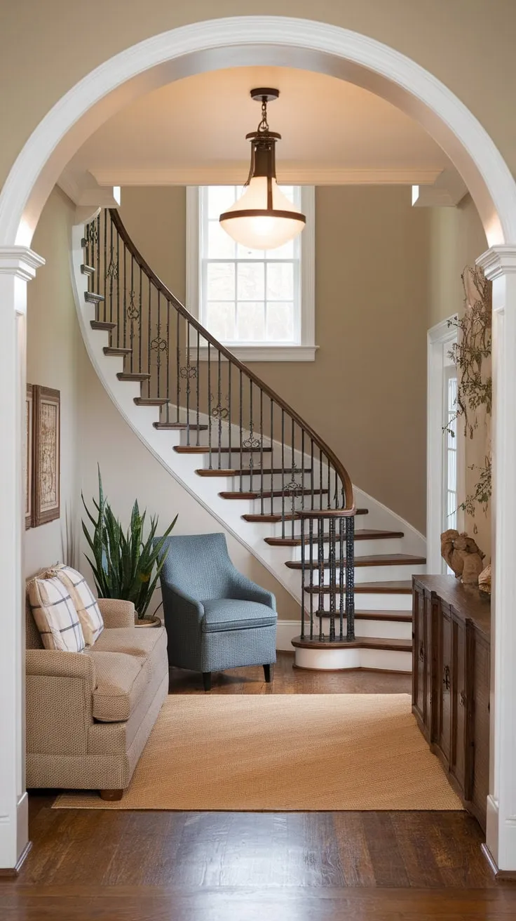 A cozy mudroom nestled beneath a spiral staircase boasts wooden floors, comfortable seating, and natural light filtering through a window above.