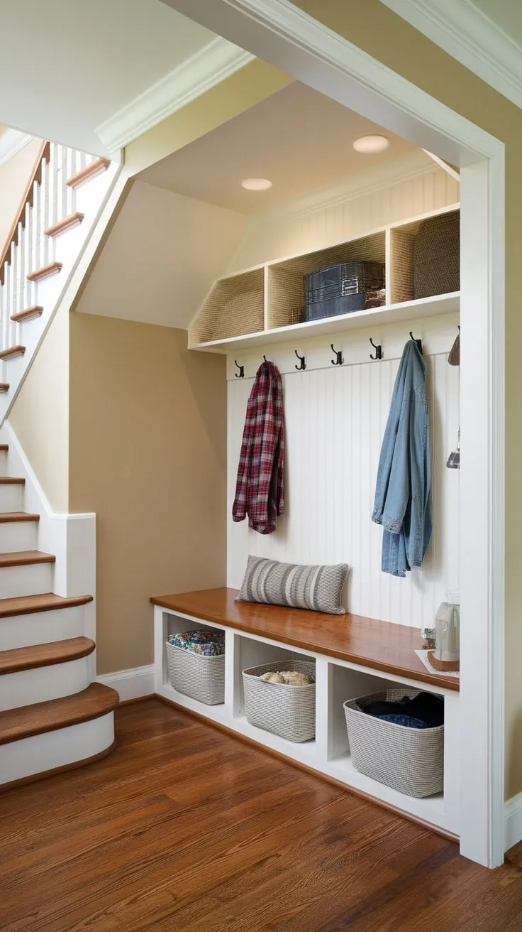A well-lit mudroom tucked under the stairs boasts a wooden floor, built-in storage, and a charming beige aesthetic