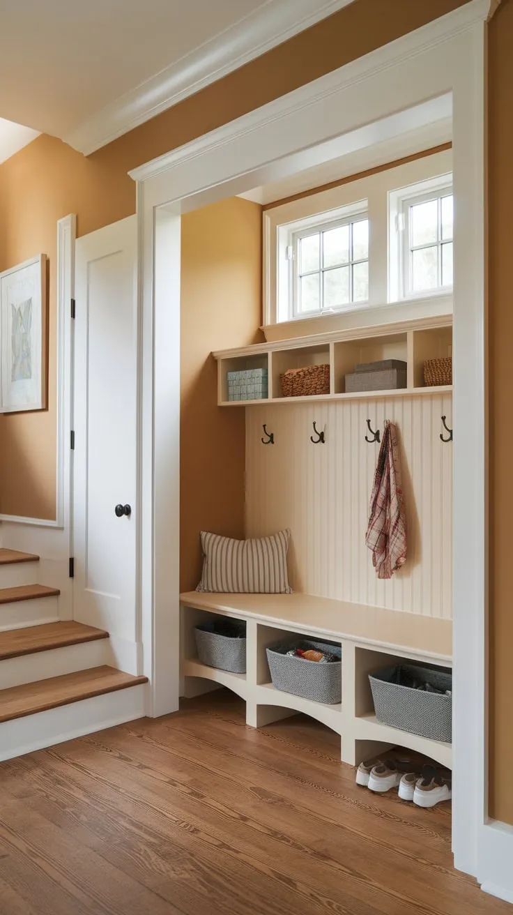 Transform unused space under your stairs into a charming mudroom complete with storage, a bench, and a warm inviting atmosphere.