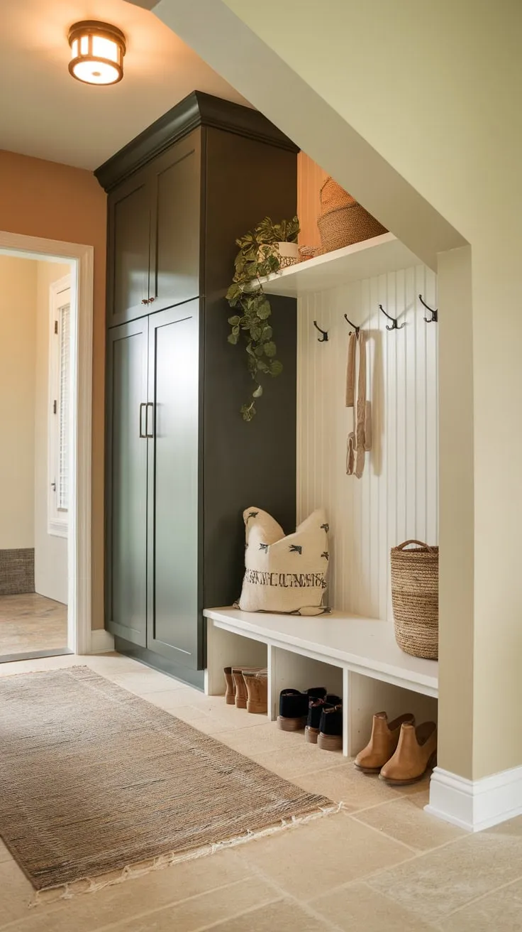 A cozy under-stair mudroom nook boasts warm lighting, a dark green cabinet, and charming storage solutions.