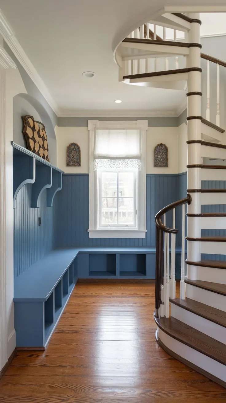 A charming white and blue mudroom nestled under a spiral staircase offers efficient storage and delightful decorative accents.