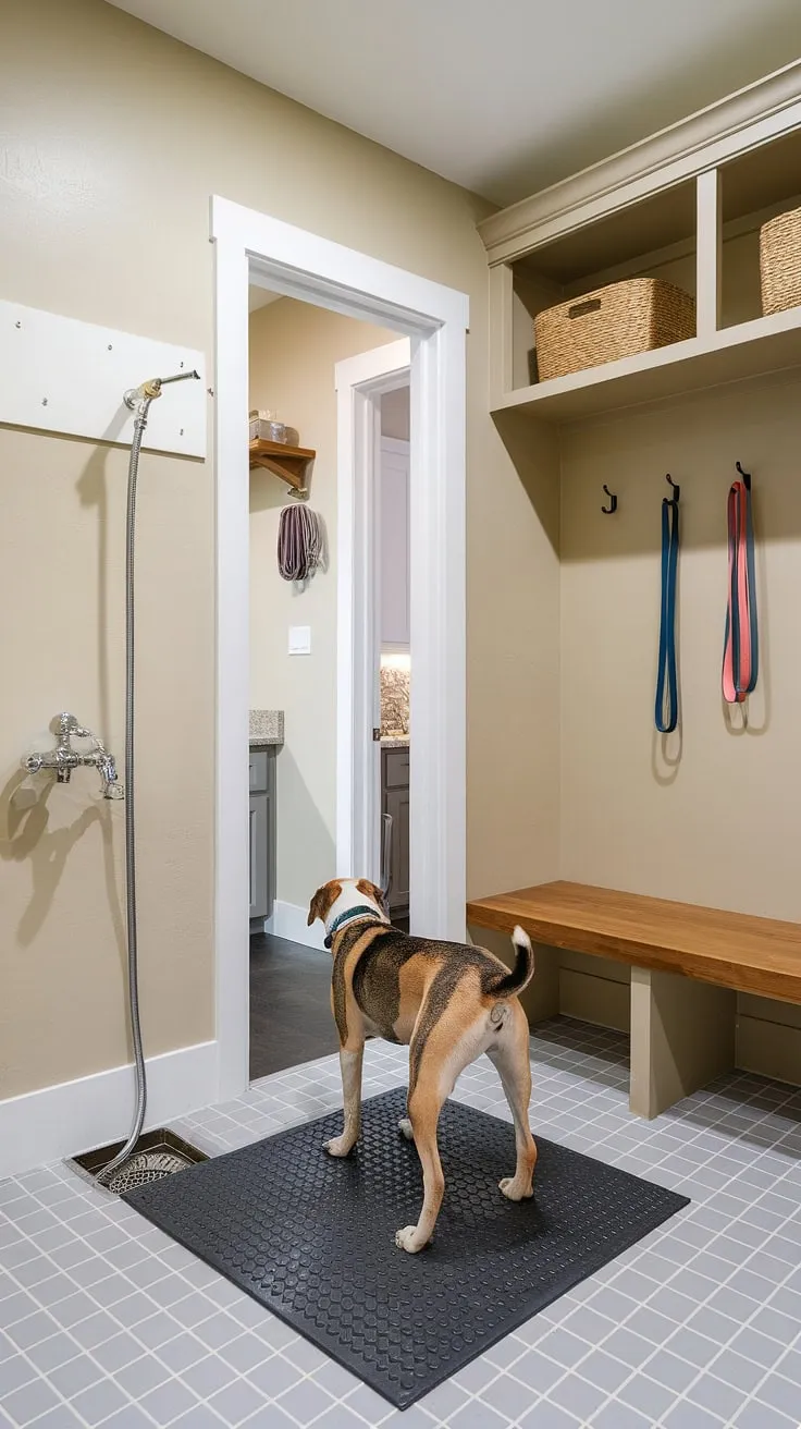 Say goodbye to muddy paws and hello to a sparkling clean pup! This dog wash station, nestled within a charming dog wash mudroom, is the perfect addition to any dog bedroom.  The dog room decor is both functional and inviting, creating a welcoming washing station for your furry friend.  This pet room is a testament to thoughtful dog room design.