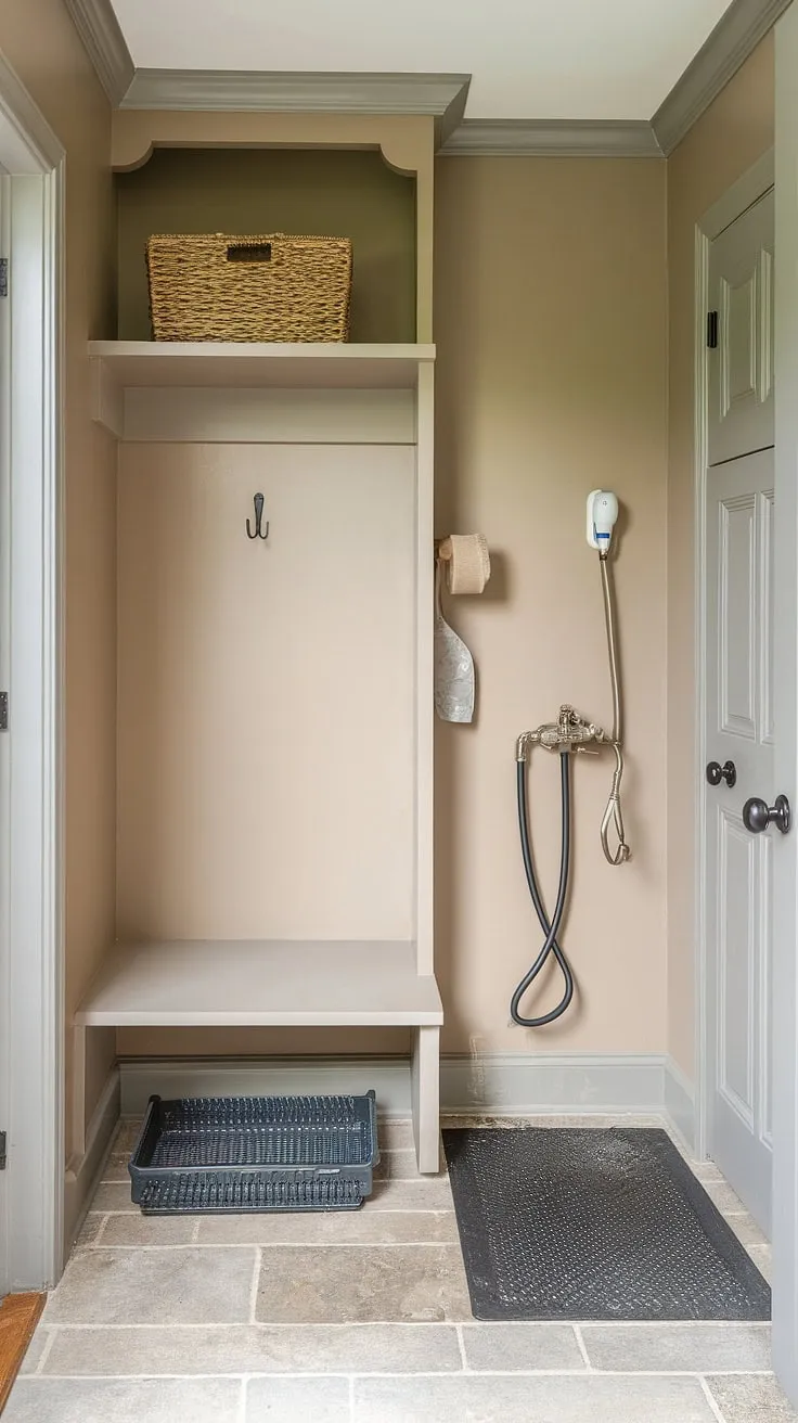 Say goodbye to muddy paws and hello to a sparkling clean pup! This dog wash mudroom boasts a practical yet elegant dog wash station, making bath time a joy for both you and your furry friend.  The pet room's design seamlessly blends functionality with style, creating a welcoming dog bedroom and washing station all in one.  This is the ultimate in dog room decor and pet room organization.