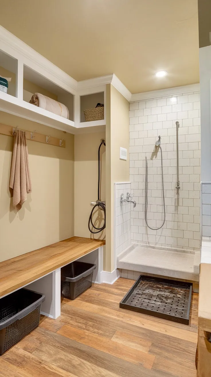 This thoughtfully designed dog wash mudroom is the ultimate pet pampering station.  The dedicated dog wash station, complete with hose and ample space, ensures quick and easy cleanups, while the stylish dog room decor creates a welcoming atmosphere for your furry friend.  This dog room design is the perfect blend of functionality and charm, transforming a simple washing station into a luxurious pet room.