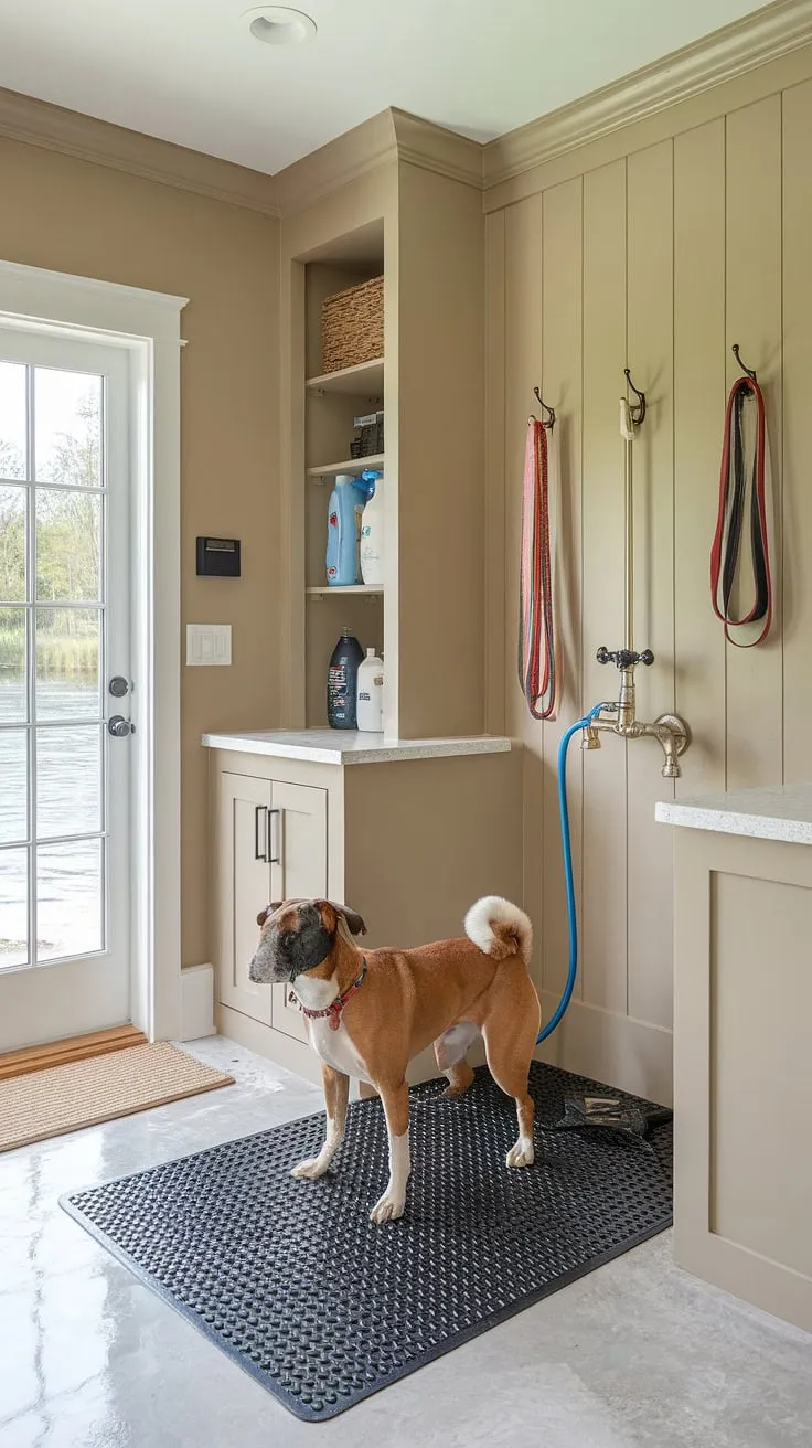 This thoughtfully designed dog wash mudroom is the ultimate pet pampering station.  The dedicated dog wash station, complete with a convenient hose and rubber mat, makes bath time a breeze.  Clever dog room design and decor create a functional and stylish puppy room, transforming a simple washing station into a luxurious pet room.