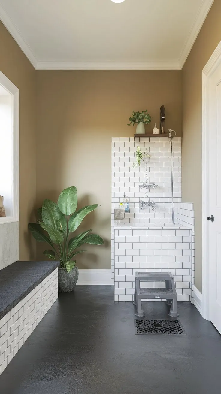 Spoil your furry friend with this luxurious dog wash station in their dedicated puppy room.  The elegant dog room decor complements the functionality of the washing station, creating a serene and efficient dog bedroom. This dog wash mudroom is the perfect blend of form and function in pet room design.