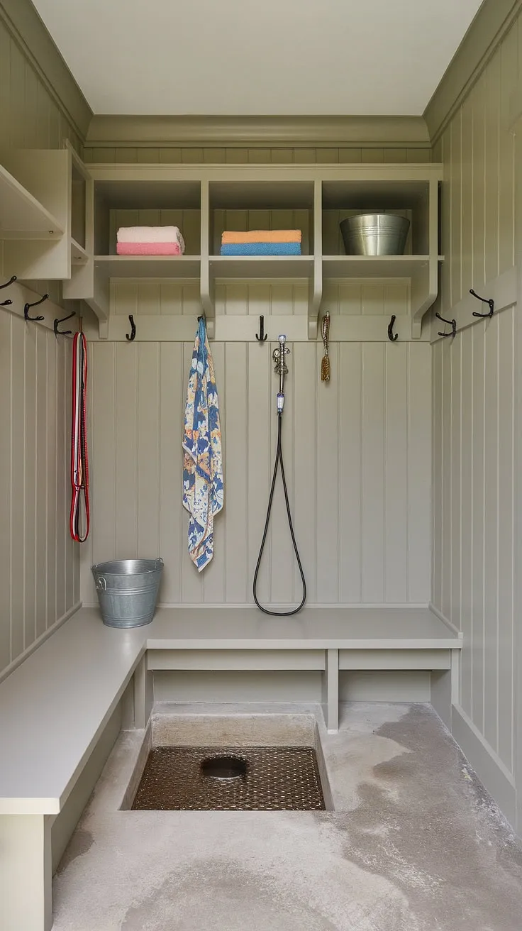 Transform muddy paws into pristine pups in this expertly designed dog wash mudroom.  The thoughtfully planned dog wash station, a key element of this puppy room's design, makes bath time a breeze.  This dog bedroom alternative prioritizes both functionality and style, showcasing a seamless blend of dog room decor and practical pet room solutions.
