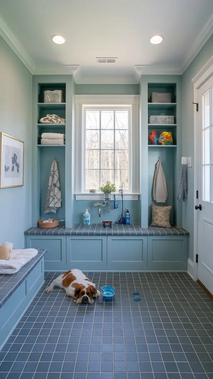 This serene dog wash mudroom, a perfect blend of dog room design and dog room decor, offers a dedicated space for pampering your furry friend. The custom wash station ensures easy cleaning, while the cozy dog bedroom provides a relaxing retreat.  A true pet room haven.
