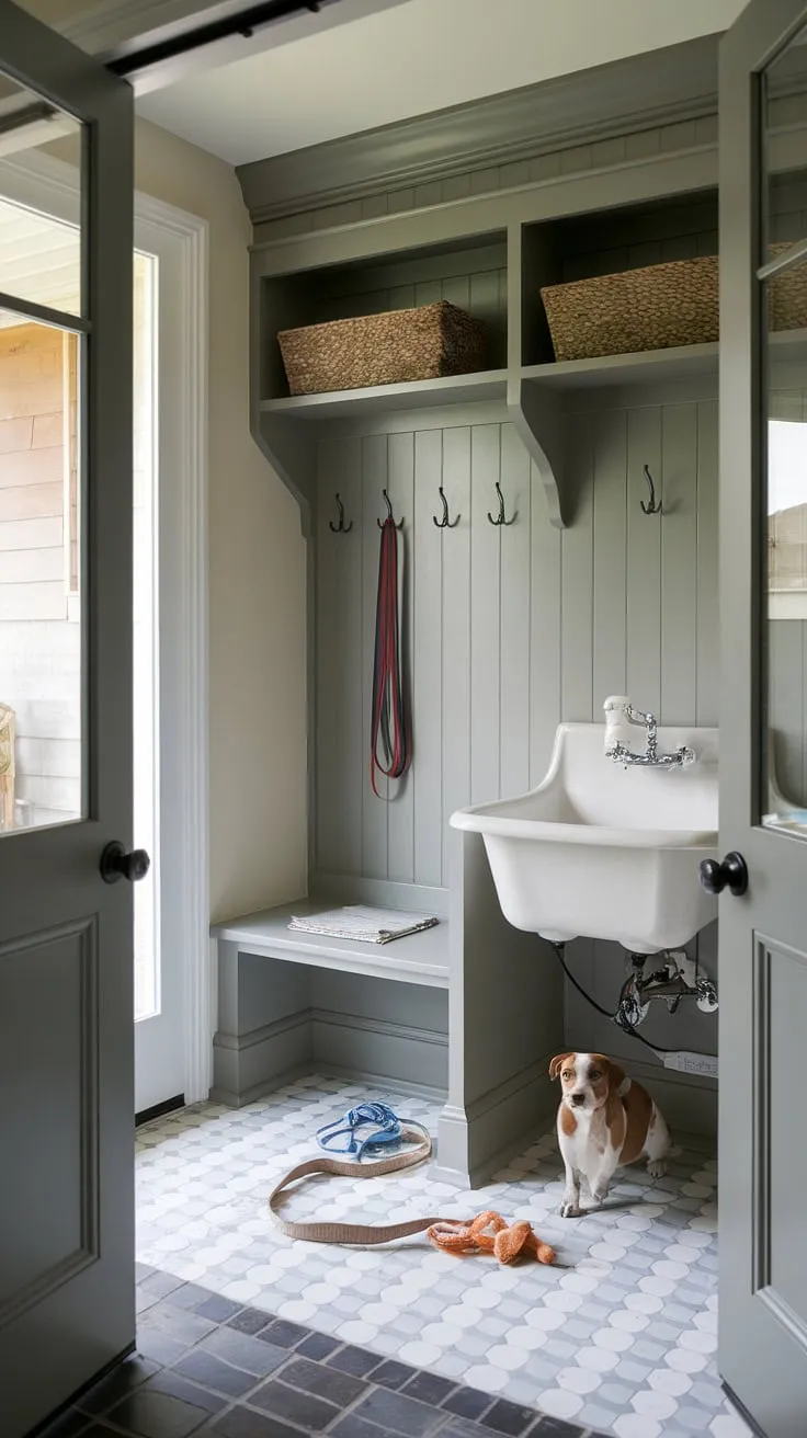 Say goodbye to muddy paws and hello to a sparkling clean pup! This dog wash station, nestled within a dedicated dog wash mudroom, is the perfect blend of practicality and charm.  The pet room's design seamlessly integrates storage and a washing station, creating a functional and aesthetically pleasing dog bedroom.  This is dog room design at its finest.