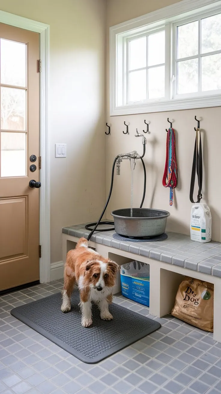 Mudroom magic! This thoughtfully designed dog wash station is the ultimate solution for cleaning up our furry friend.  The dog room decor is both practical and aesthetically pleasing, creating a dedicated dog wash mudroom that's easy to clean and a joy to use.  From the washing station to the dog room design, every detail is perfect for our canine companion.