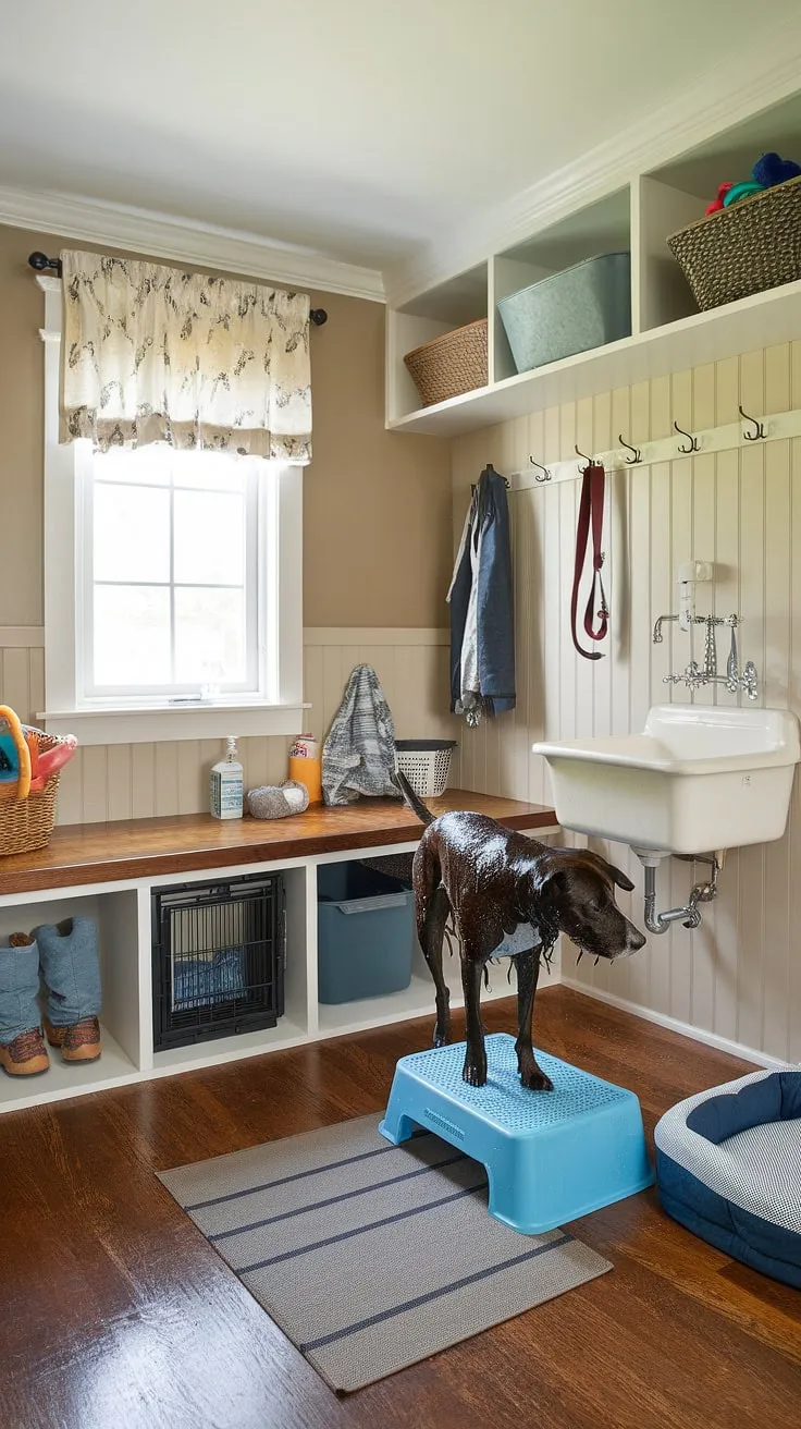 Say goodbye to muddy paws and hello to a sparkling clean pup! This custom dog wash station, nestled within a charming mudroom, is the heart of this functional and beautiful pet room.  The thoughtful dog room design incorporates everything from a convenient washing station to cozy dog beds, creating the perfect puppy room and a stylish addition to any home.  The ultimate in pet room functionality and aesthetic appeal.