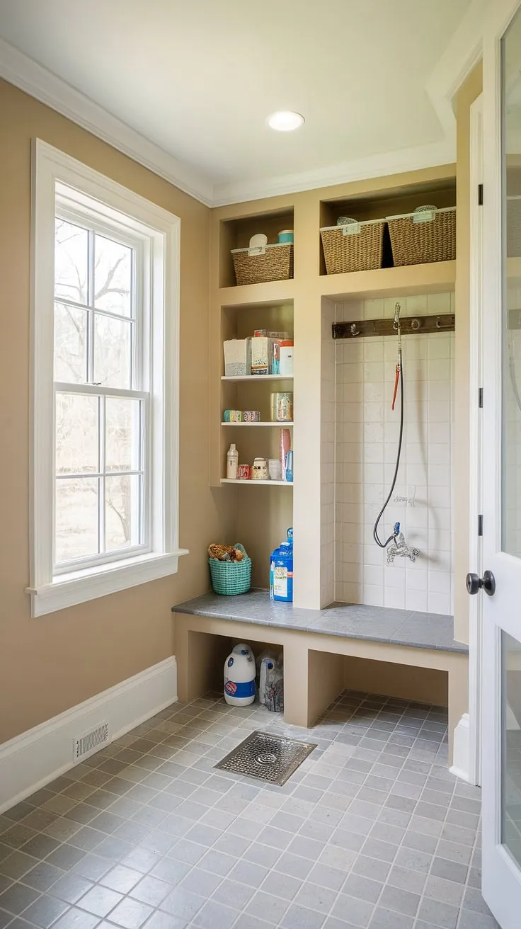 Say goodbye to muddy paws and hello to a sparkling clean pup! This dog wash mudroom boasts a convenient dog wash station, seamlessly integrated into the dog room design.  The calming beige walls and practical dog room decor create a welcoming dog bedroom and pet room, making bath time a positive experience for both you and your furry friend.
