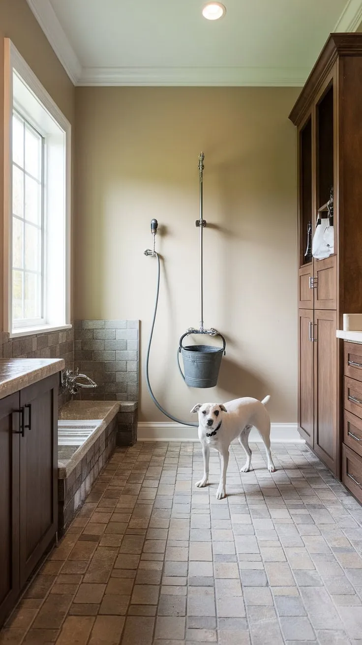 This thoughtfully designed dog wash mudroom, complete with a dedicated wash station and charming dog room decor, makes bath time a breeze.  The perfect blend of functionality and style for your furry friend's personal pet room, this puppy room offers a convenient washing station and a cozy space all in one.