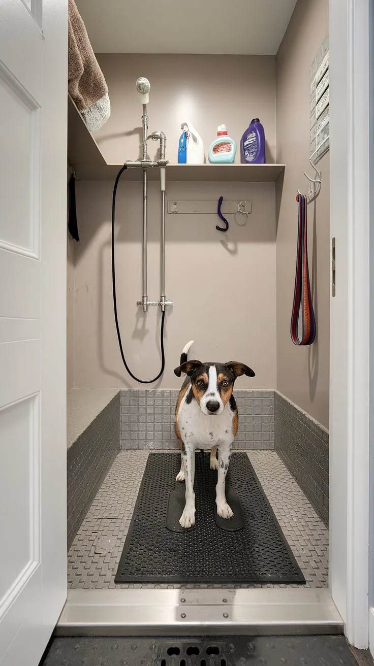 This thoughtfully designed dog wash mudroom is the ultimate pet pampering station.  The dedicated dog wash station, complete with hose, nozzle, and drain, makes bath time a breeze.  Smart dog room design elements, like the rubber flooring and convenient shelf for cleaning supplies, elevate this puppy room beyond a simple washing station; it's a true pet room haven.