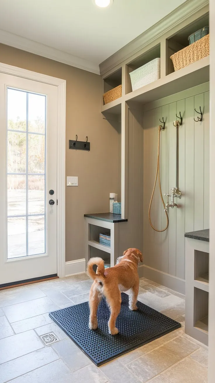 This dedicated dog wash mudroom is the ultimate in dog room design.  The custom-built wash station, complete with hose, faucet, and non-slip mat, makes bath time a breeze.  Clever dog room decor and ample storage keep everything organized, transforming this pet room from a chore into a spa-like experience for your furry friend.  A true puppy room upgrade!