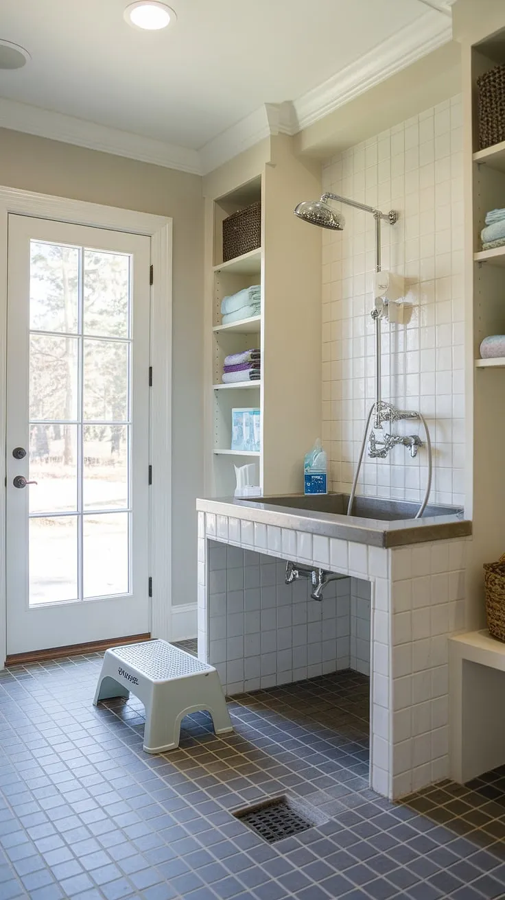 This dedicated dog wash mudroom is the ultimate in dog room design.  The custom-built wash station, complete with shower head and hose, makes bath time a breeze.  Clever shelving provides ample storage for towels and supplies, transforming this pet room into a stylish and functional puppy room.  Goodbye muddy paws, hello sparkling clean pup!