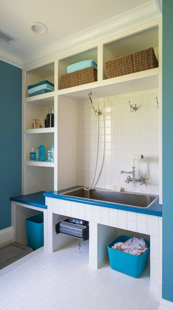This dedicated dog wash mudroom is the ultimate in pet pampering!  The custom-designed dog wash station, complete with sink, hose, and ample storage, makes bath time a breeze.  Clever dog room design and decor create a functional and stylish puppy room, transforming a simple washing station into a luxurious pet room.