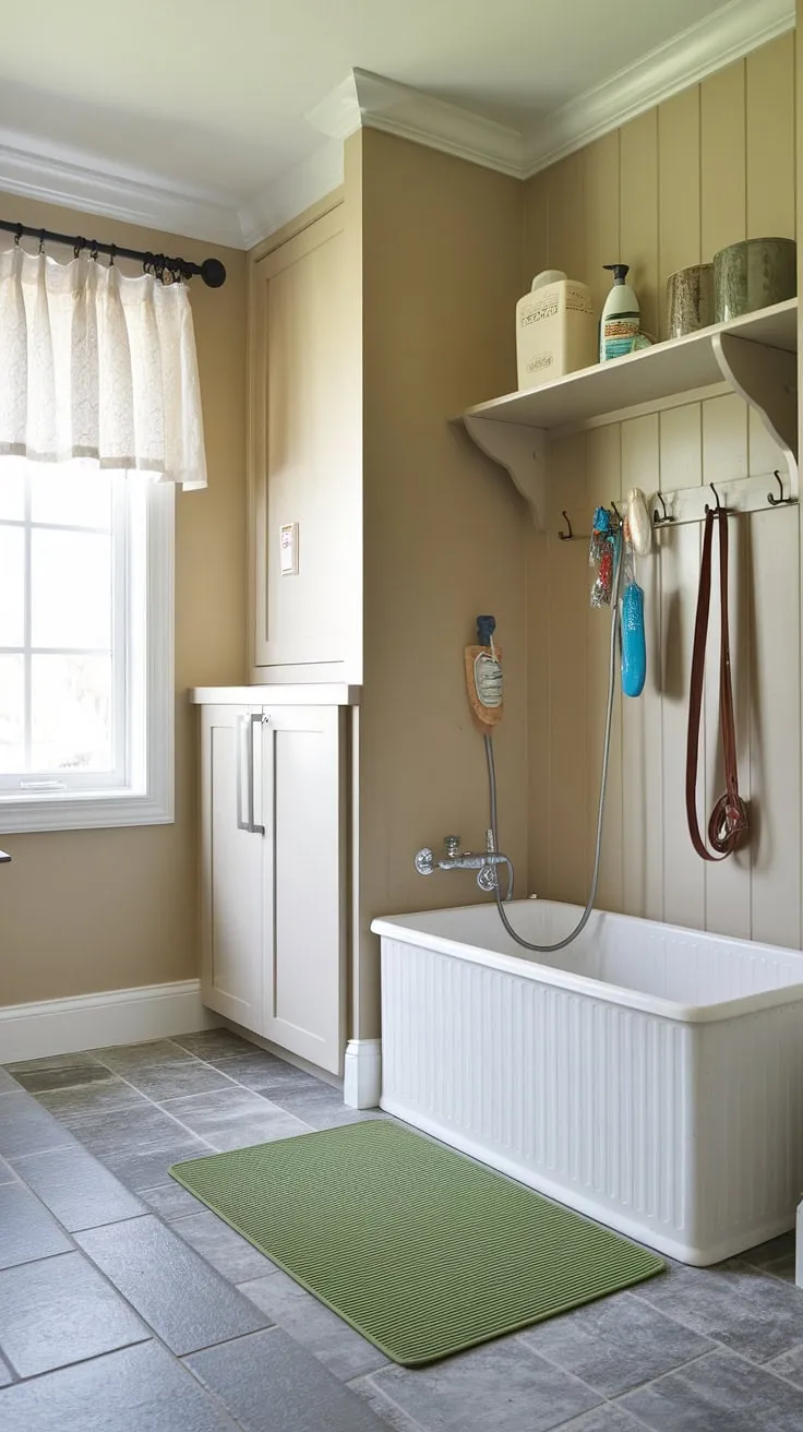 This thoughtfully designed dog wash mudroom is the ultimate pet pampering station.  The dedicated dog wash station, complete with a convenient wash tub, ample storage for cleaning supplies, and a leash hook, makes bath time a breeze.  This dog room design seamlessly blends functionality with style, creating a welcoming and efficient space for your furry friend.  The calming color palette and practical dog room decor contribute to a relaxing atmosphere, transforming this puppy room into a true pet haven.
