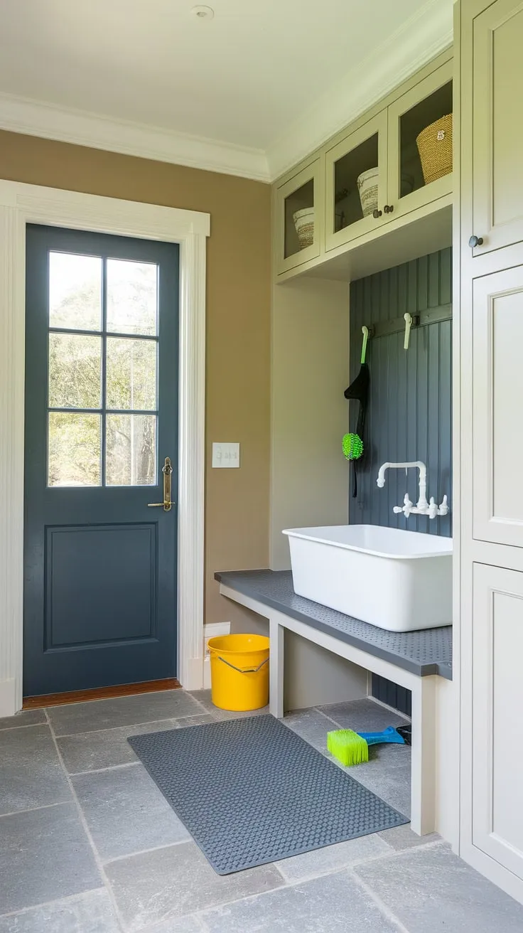 Say goodbye to muddy paws and hello to this stunning dog wash mudroom!  The custom-built wash station, featuring a white basin and convenient storage, makes bath time a breeze.  Clever dog room decor and a thoughtful layout transform this space into a functional and stylish dog room design.  This pet room is the epitome of a well-designed washing station, perfect for any dog bedroom.