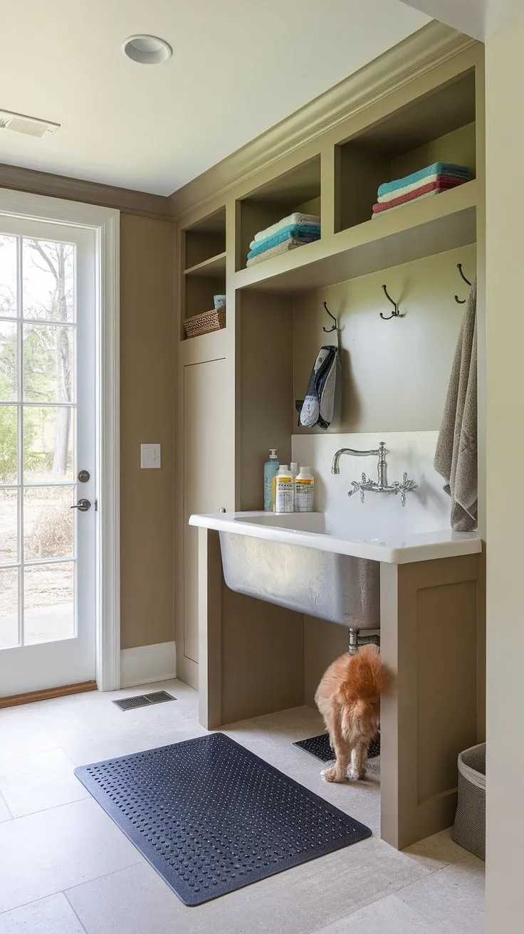 This thoughtfully designed dog wash mudroom is the ultimate pet pampering station.  The dedicated dog wash station, complete with a built-in sink and ample storage for towels and cleaning supplies, makes bath time a breeze.  Clever dog room design and decor create a functional and stylish puppy room, transforming a simple washing station into a luxurious pet room.