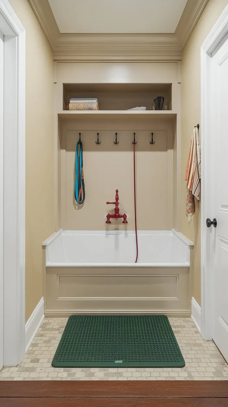 This dedicated dog wash mudroom, a haven of cleanliness and convenience, boasts a stylish dog wash station complete with a red faucet and white tub.  The thoughtful dog room design, incorporating practical elements like hooks for leashes and a towel shelf, elevates this pet room beyond a simple washing station; it's a true dog bedroom upgrade.