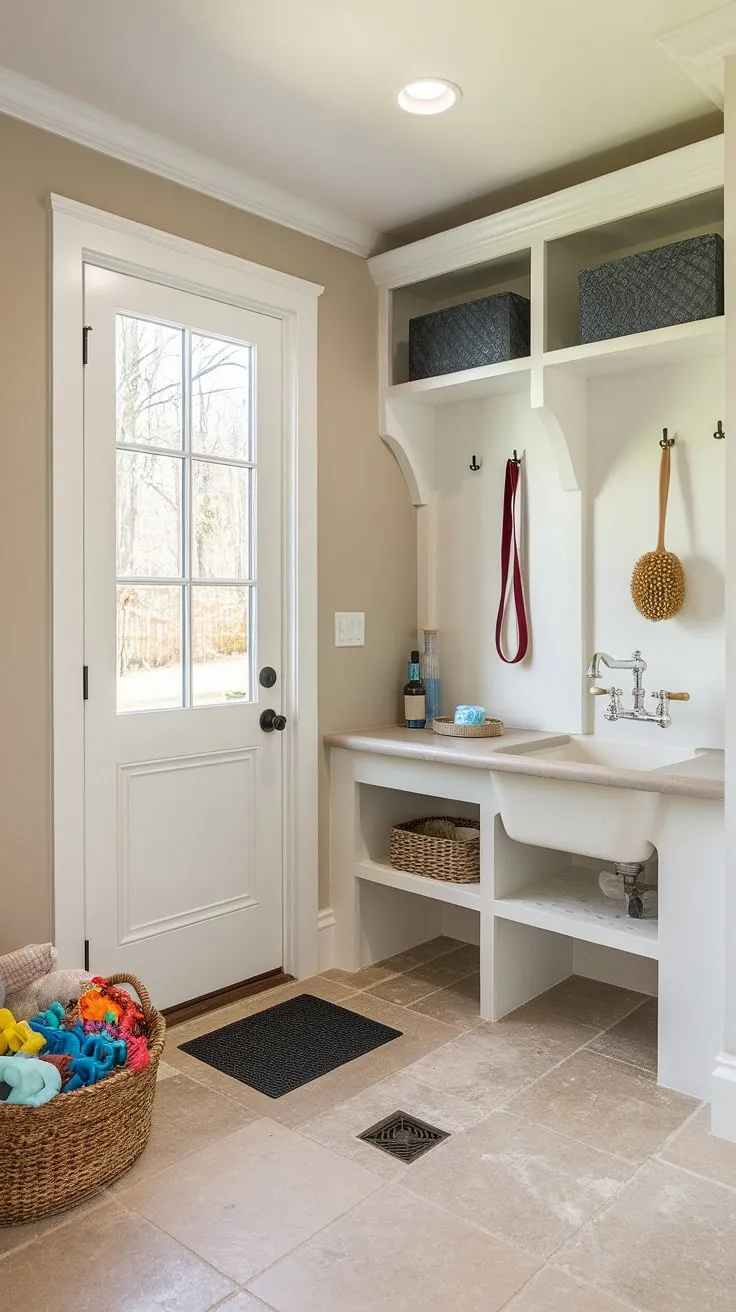 This thoughtfully designed dog wash mudroom is the ultimate pet paradise.  The dedicated wash station, complete with sink and storage, makes bath time a breeze.  Clever dog room design and decor create a functional and stylish space, transforming a simple mudroom into a luxurious puppy room and pet room.