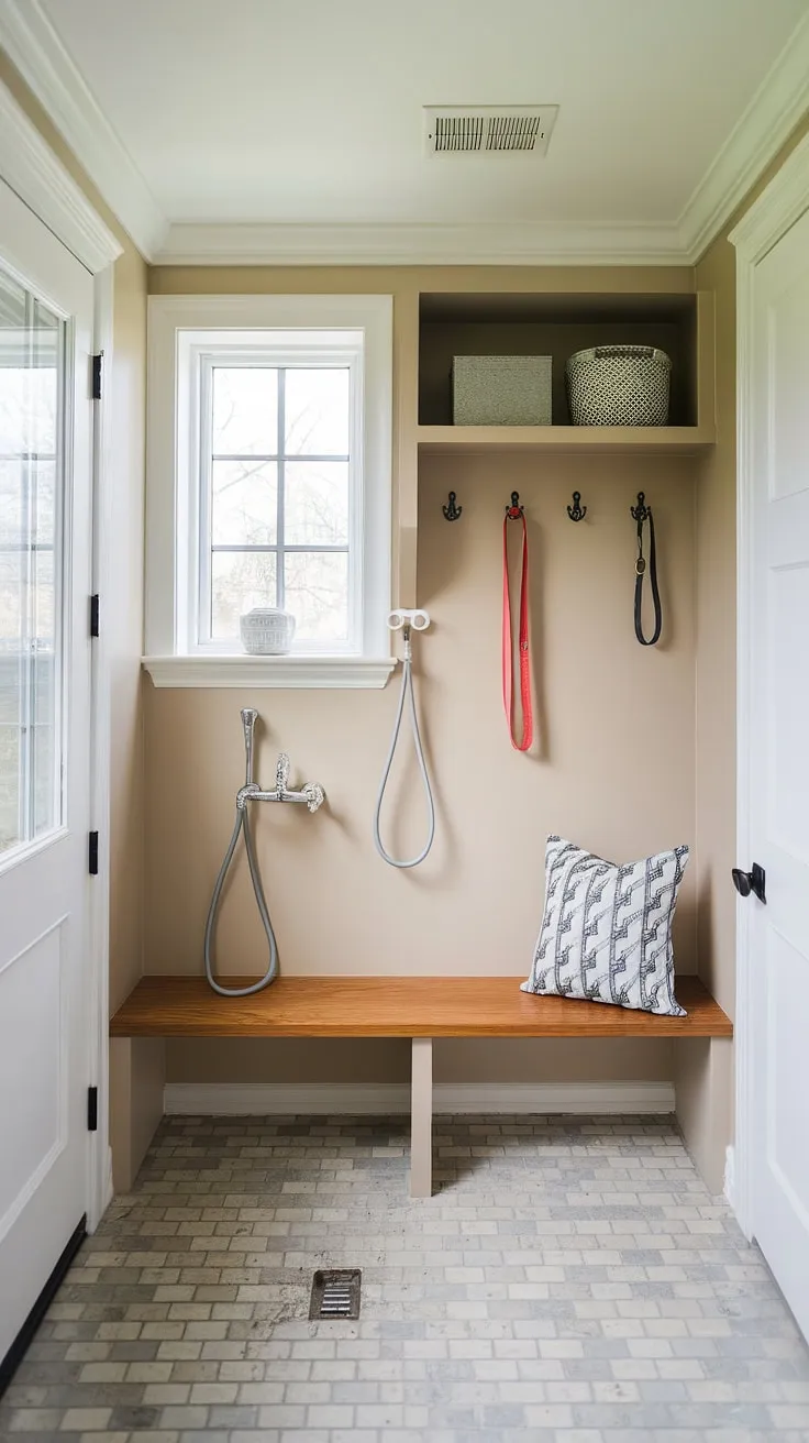 Say goodbye to muddy paws and hello to this stunning dog wash mudroom!  The custom-built washing station, combined with clever dog room design elements, creates the ultimate dog bedroom and pet room experience.  This dog wash station is the heart of this space, making cleaning up your furry friend a joy.